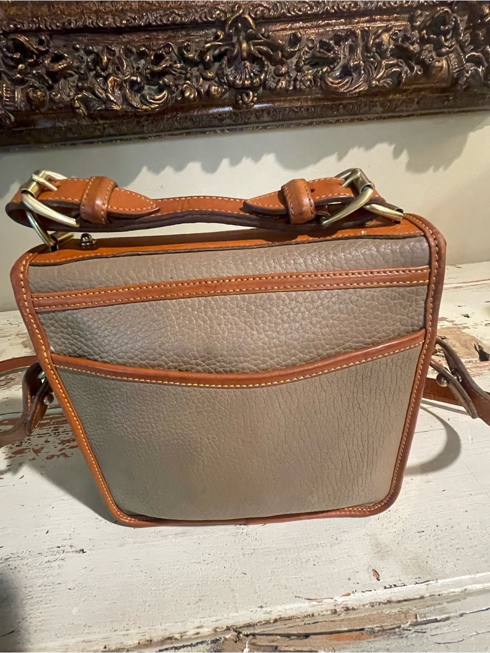 Dooney & Bourke  AWL CarrierTan and Taupe Leather Crossbody Satchel - Picture 2 of 16